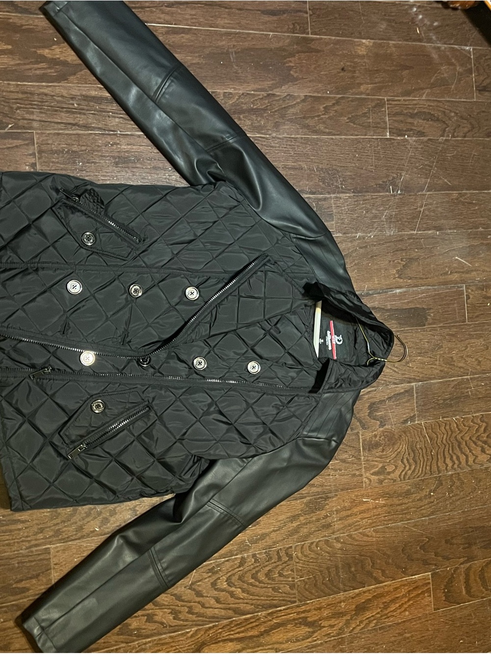Dollhouse Black Quilted Bomber Jacket with Faux Leather Sleeves